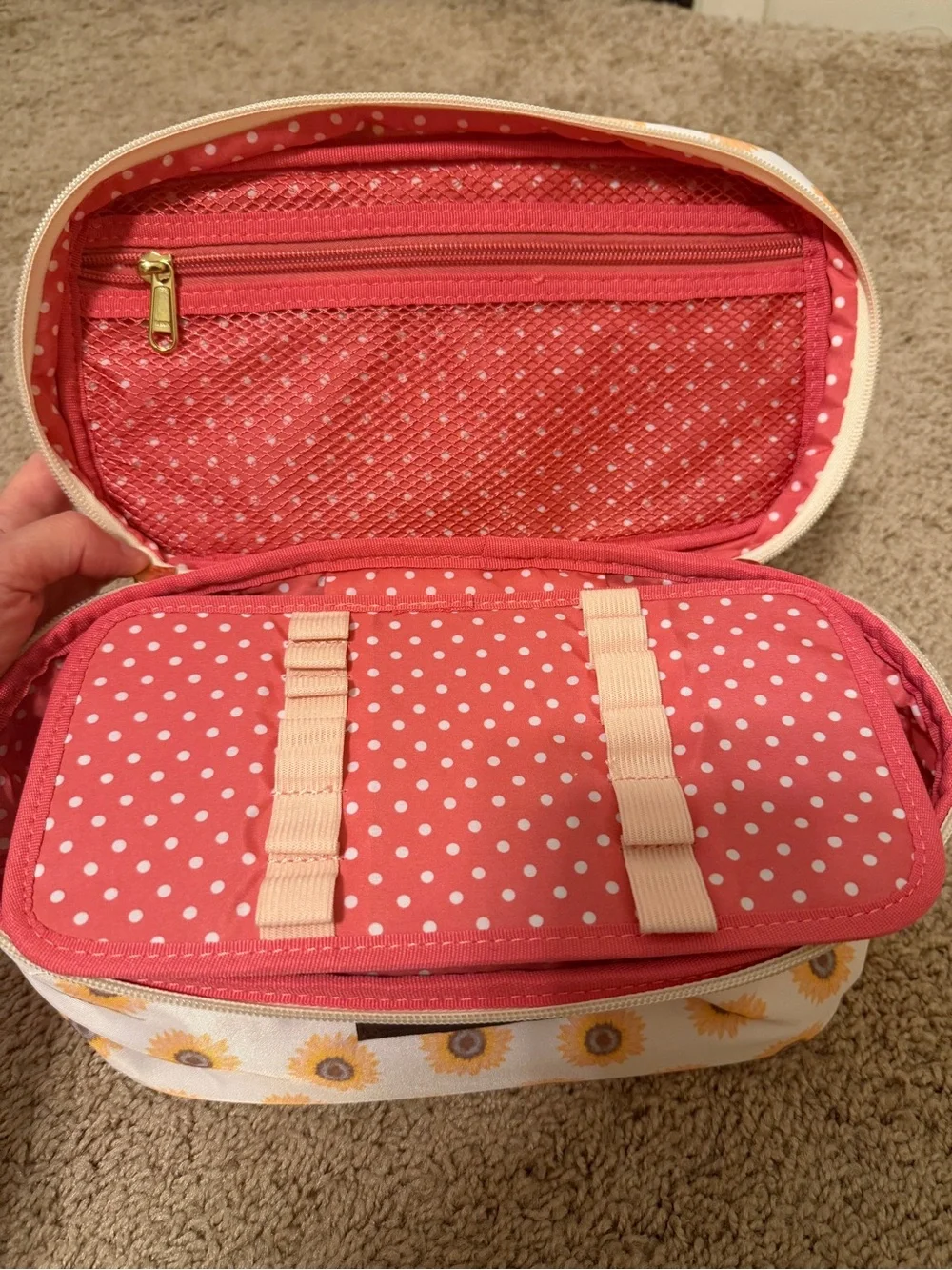 Matilda Jane White Cosmetic Bag with Yellow Sunflower Print and Pink Trim